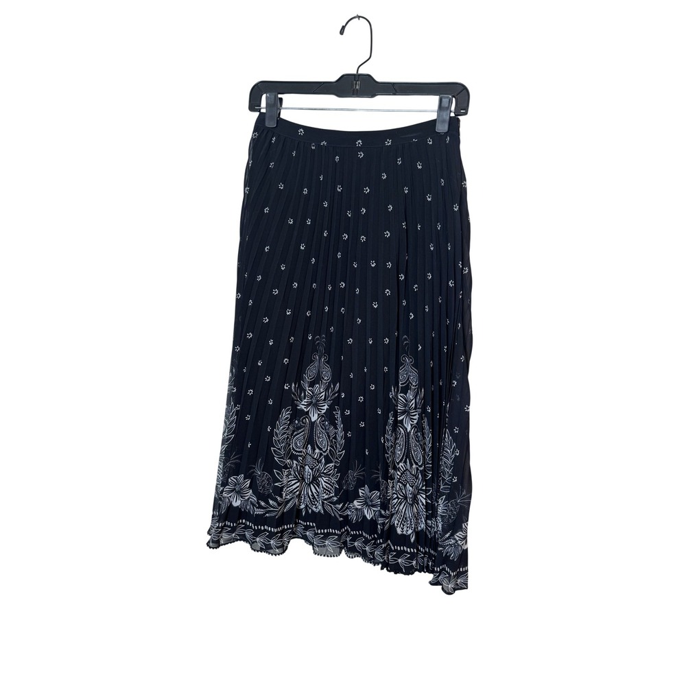 Farm Rio Skirt Womens XS Black Floral Pleated Midi Chiffon Lined Border Print